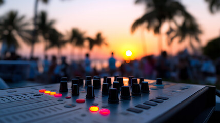 A DJ mixer is positioned in the foreground with a blurred view of a lively outdoor party by a body of water at dusk.
