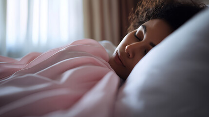 A beautiful young woman with dark hair peacefully sleeps on a white pillow, partially covered by a duvet.
