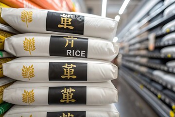 Stack of white rice bags with golden wheat stalks and japanese characters on black labels in a grocery store aisle