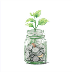 Glass Jar With Coins and Young Plant Sprout
