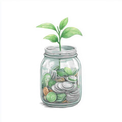 Growth Concept Jar With Coins and Leaf Stem