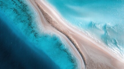 Aerial view captures the serene beauty of a sandbar meeting the turquoise sea, with waves gently lapping the sandy shore.