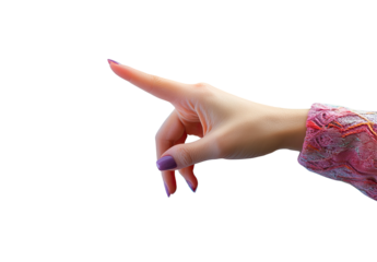 A woman's hand points outward.  Pale skin, light purple nail polish.  Delicate, detailed hand,  pointing finger.  Soft focus on the hand against a black background
