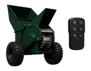 Mobile wood grinder with all-terrain wheels and remote control operation for forestry management