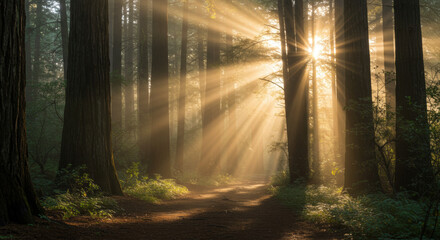 Sunlit path through misty redwood forest