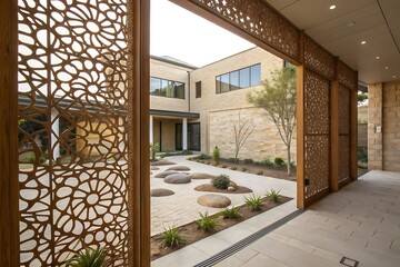 Serene Courtyard Entrance with Intricate Wooden Screens and Tranquil Rock Garden Design