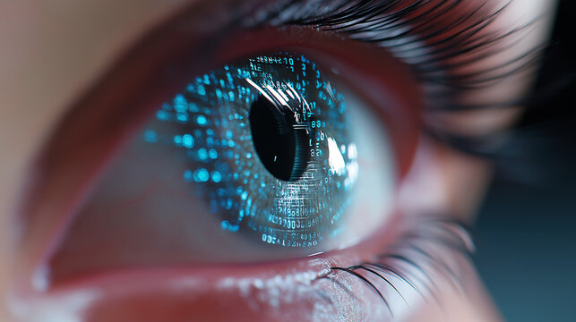 Extreme close-up of a human eye with digital data reflections, symbolizing biometrics or futuristic vision technology.
