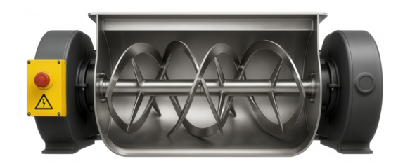 Horizontal ribbon mixer with a U-shaped trough and dual-shaft paddles for a dry mortar production facility