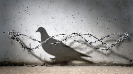 Barbed wire shadow forming a silhouette of a bird on a concrete wall