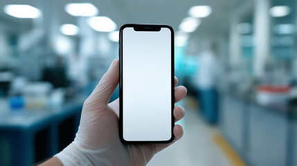 Close-up of a smartphone with a blank screen held in hand inside a modern laboratory.
