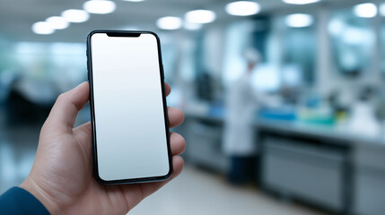 Close-up of a smartphone with a blank screen held in hand inside a modern laboratory.
