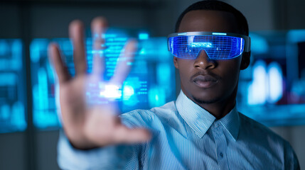 Man wearing augmented reality glasses interacting with a digital data interface in a futuristic environment.
