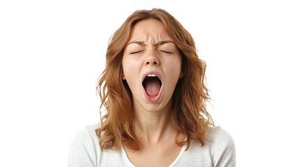 A young woman face with her mouth open, screaming in surprise or shock, isolated on a transparent background. PNG