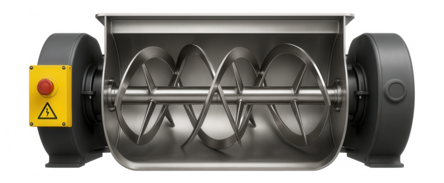 Horizontal ribbon mixer with a U-shaped trough and dual-shaft paddles for a dry mortar production facility