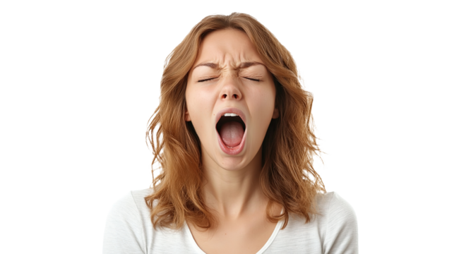 A young woman face with her mouth open, screaming in surprise or shock, isolated on a transparent background. PNG