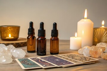 Essential oils placed beside crystals and tarot cards