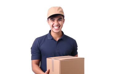 A delivery man in a uniform and a hat carrying a cardboard box smiles kindly on a transparent background. PNG