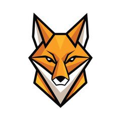 Geometric fox head presents striking orange fur with sharp black outlines and intense eyes