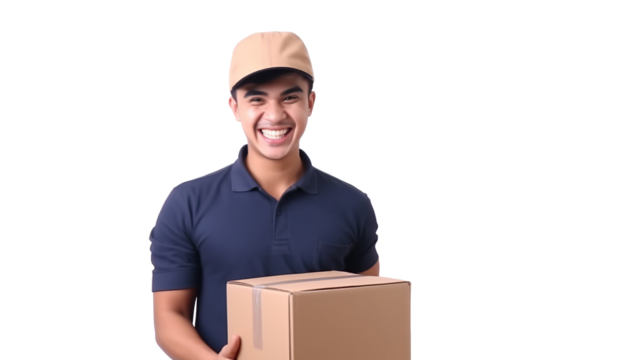 A delivery man in a uniform and a hat carrying a cardboard box smiles kindly on a transparent background. PNG