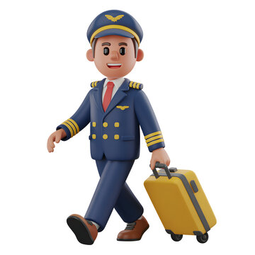 Cartoon pilot walking with luggage isolated on a transparent background