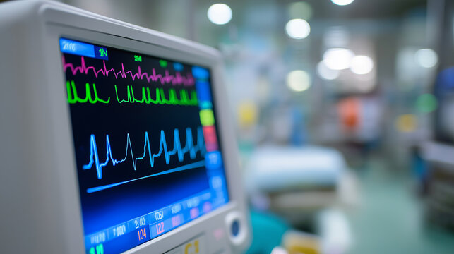 Close-up of a heart rate monitor displaying vital signs in a blurred hospital environment.
