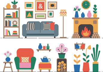 Illustration of a living room interior with furniture and decor in a flat design style


