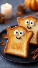 Ghost-Shaped Toast with Butter Eyes on Dark Plate and Candlelit Autumn Styling