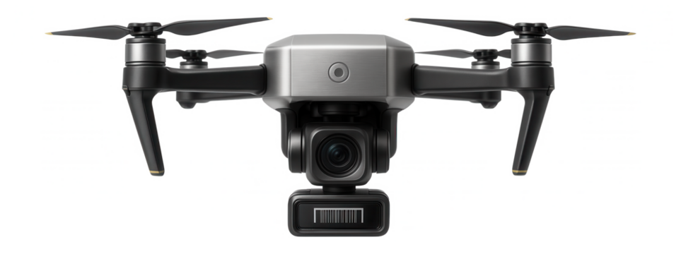 Inventory drone with a camera and barcode scanner attachment for aerial stock checks in a large warehouse.