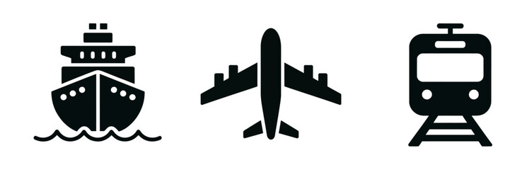 Transport icons collection featuring ship airplane and train for travel industry design projects