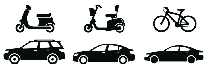 Collection of vehicle silhouettes featuring motorbikes trucks vans and monster trucks in black