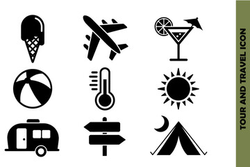 Travel and vacation icon set featuring summer elements camping sun beach holiday symbols vector