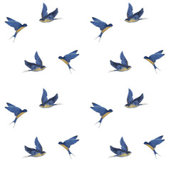 Seamless pattern of flying blue birds in watercolor style
