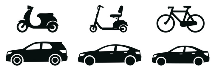 Collection of vehicle silhouettes featuring motorbikes trucks vans and monster trucks in black