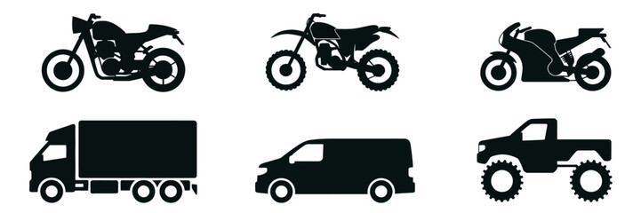Collection of vehicle silhouettes featuring motorbikes trucks vans and monster trucks in black