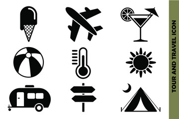 Travel and vacation icon set featuring summer elements camping sun beach holiday symbols vector