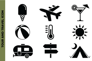 Travel icons include luggage, compass, sunglasses, camera, picnic and beach essentials - vector