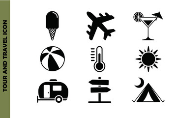 Travel and vacation icon set featuring summer elements camping sun beach holiday symbols vector