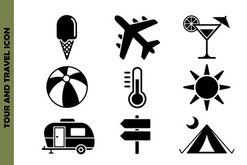 Travel and vacation icon set featuring summer elements camping sun beach holiday symbols vector