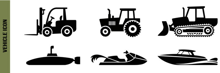 Silhouette icons of  different vehicles including land and water transport options collection