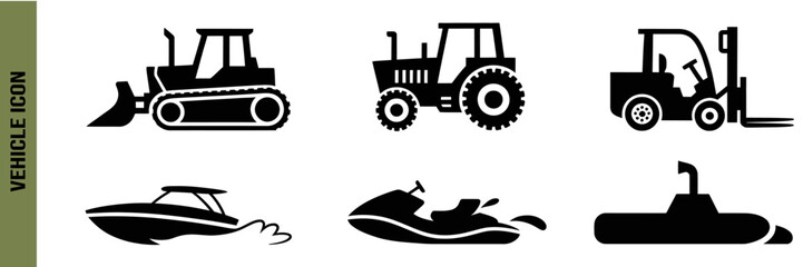 Silhouette icons of  different vehicles including land and water transport options collection