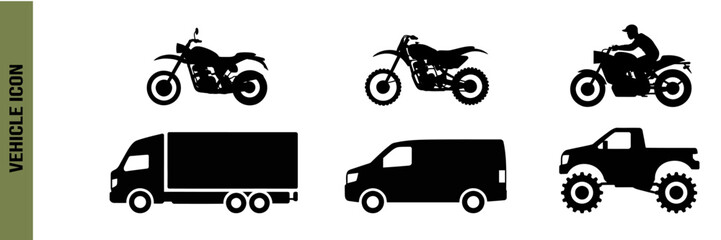 Collection of vehicle silhouettes featuring motorbikes trucks vans and monster trucks in black