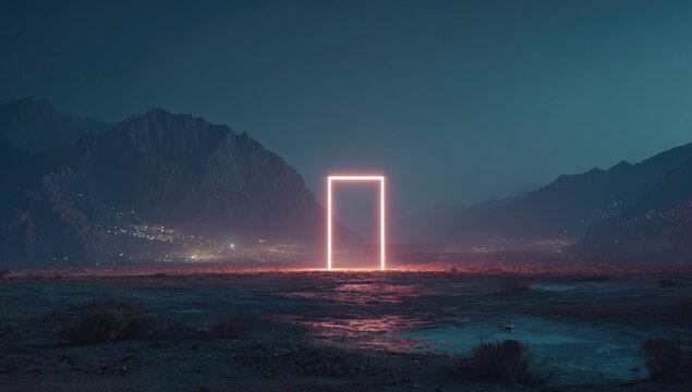 Neon portal in desolate, mountain landscape at night