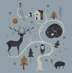 Hand drawn forest animals. Winter oak tree. Cute forest design.
