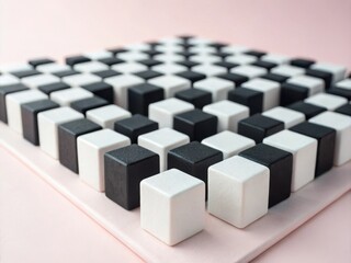 An arrangement of black and white cubes in a repeating pattern on a light pink surface