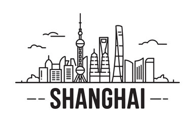 Minimalist Shanghai Skyline Illustration A Modern Black and White Depiction of Urban Architecture and Cityscape with "SHANGHAI" Text