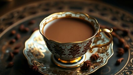 Cardamom drinking chocolate in an antique teacup with gold accents, moody vintage ambiance