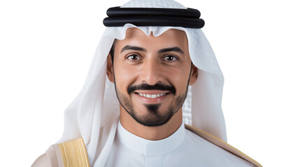 Portrait of a bearded Arab man wearing traditional clothing smiling at the camera, isolated on a transparent background. PNG