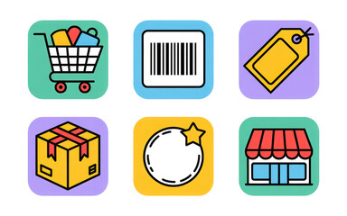 Six Vibrant Flat Icons Set Shopping Cart Bar Code Price Tag Package Box Loyalty Program Store Front Colorful App Design Elements Isolate on White Transparent PNG Backgrounds Cutout 2025