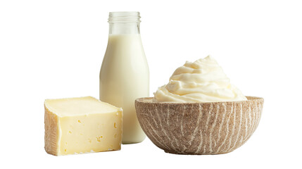 Fresh dairy products, including various types of cheese and a glass of milk, offer a healthy breakfast or snack, isolated on transparent background. PNG
