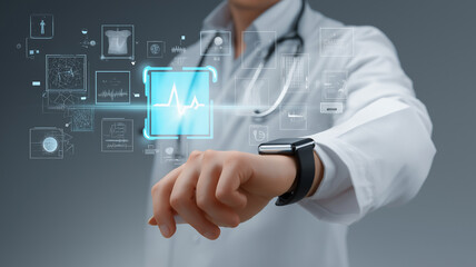Person in lab coat interacts with digital interface displaying medical data, wearing smartwatch. scene suggests advanced healthcare technology and data analysis